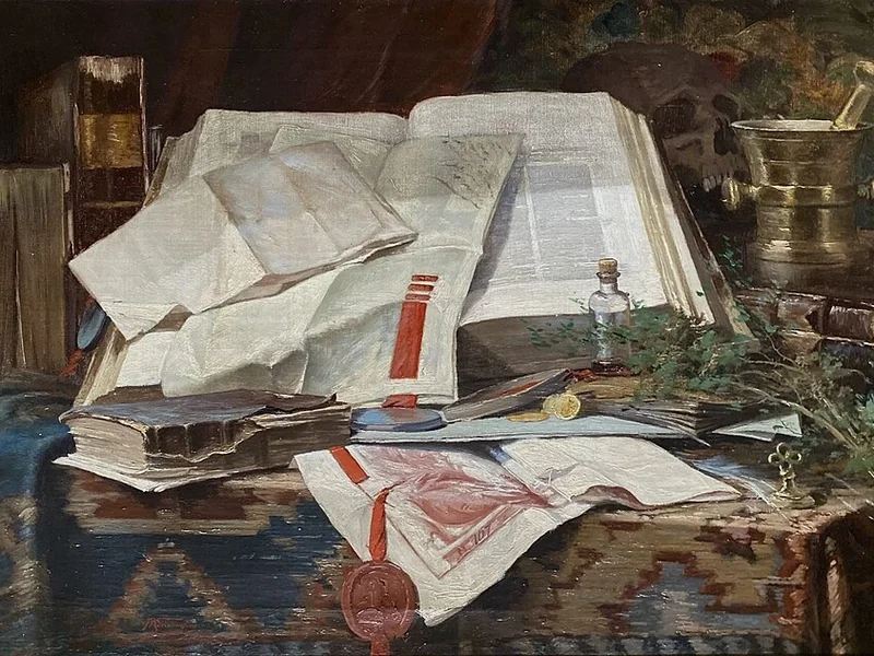 1859-Fernand Adriaenssens - Natura morta con libri